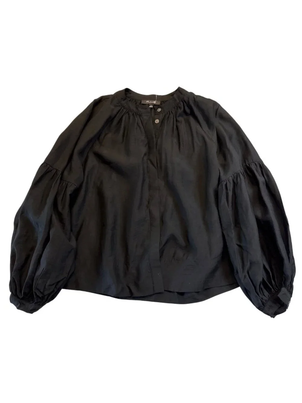 Madewell Womens Shirred Balloon-Sleeve Top~Size Small~Jet Black Blouse NWT L5 02